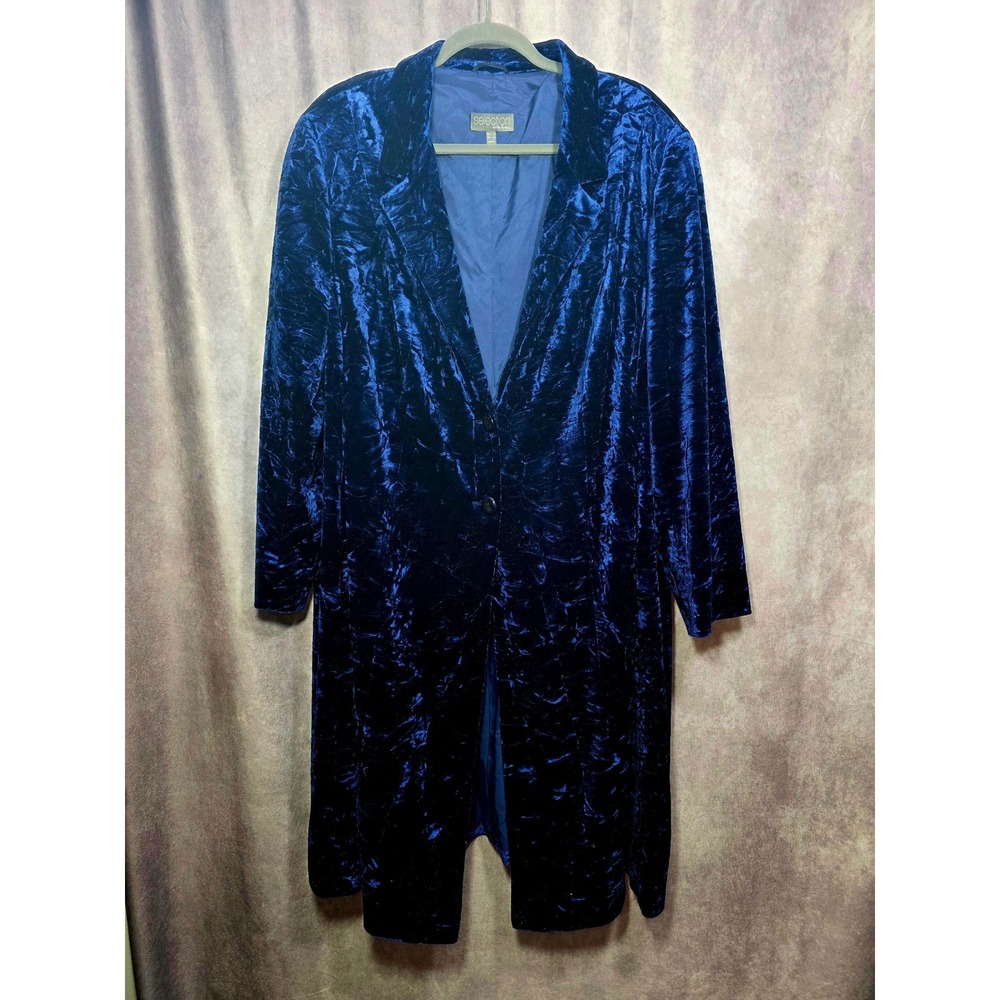 Selection by Ulla Popken Blue Crushed Velvet Longline Blazer Jacket Womens 24
